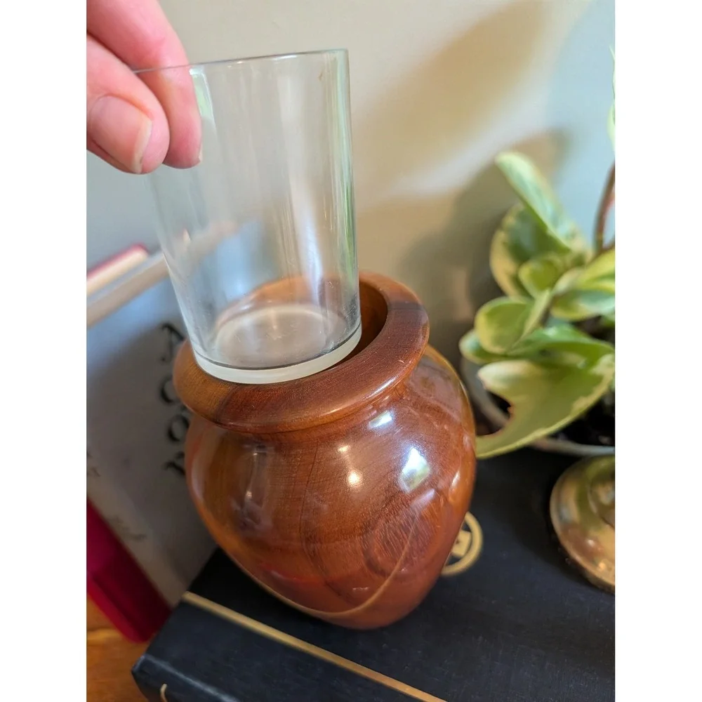 Vintage Myrtlewood Vase Mid Century Modern Wood Urn Glass Insert Ralph A Bailey